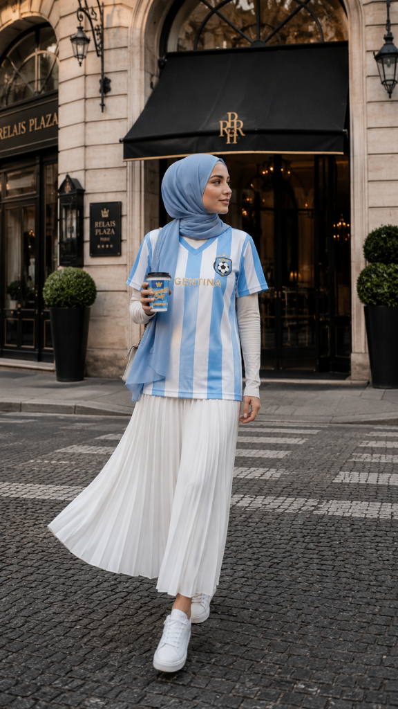 Hijabi woman wearing a sky blue Argentina football jersey with a powder blue hijab, white pleated skirt and white sneakers while holding a coffee cup
