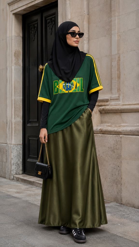 Hijabi woman wearing a green Brazil football jersey layered over a black top with an olive satin maxi skirt and black Adidas Sambas
