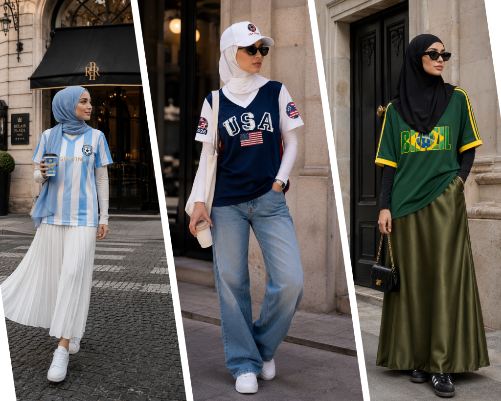 Collage of World Cup inspired hijabi outfits featuring Argentina, USA and Brazil inspired modest football-core looks