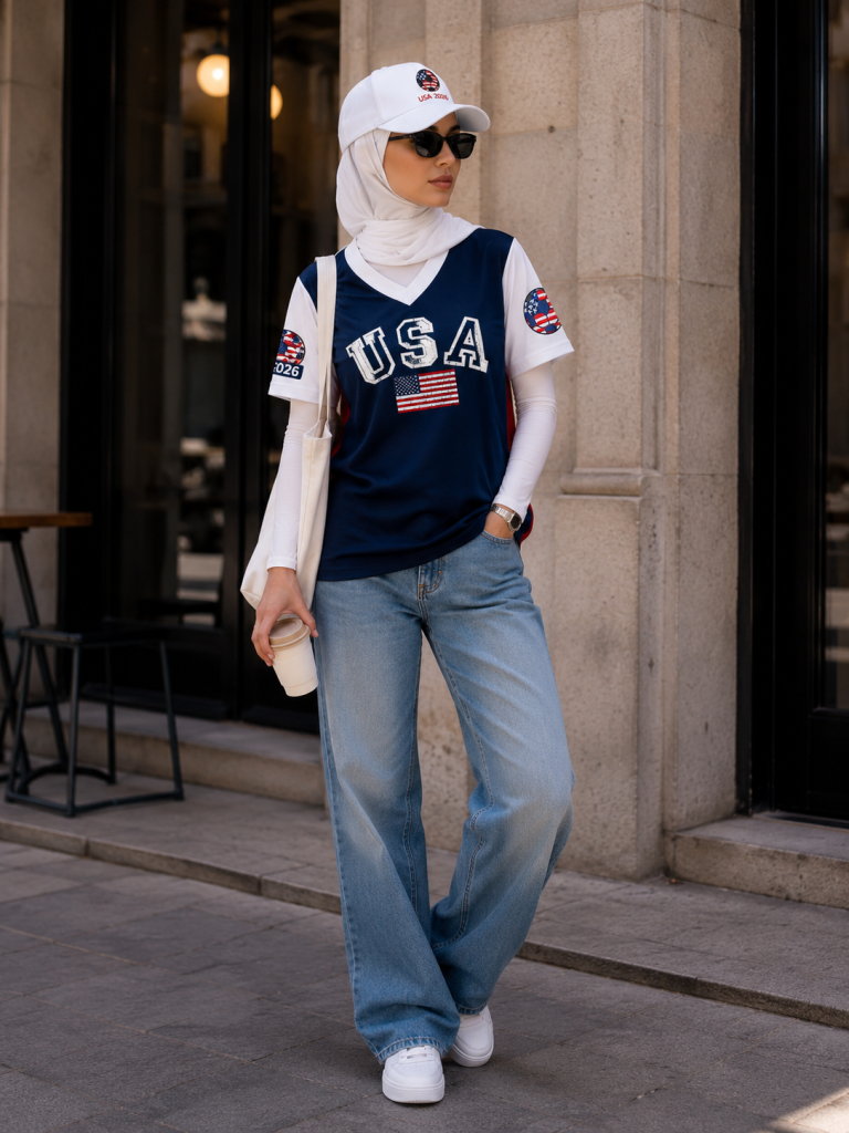 Hijabi woman wearing a navy USA football jersey over a white long sleeve top with light-wash wide-leg jeans, a white cap and white hijab